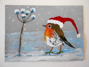 Robin in the Christmas Night, Acryl, 15 x 10,5 cm                                  