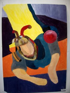 flying figure with red ball                            